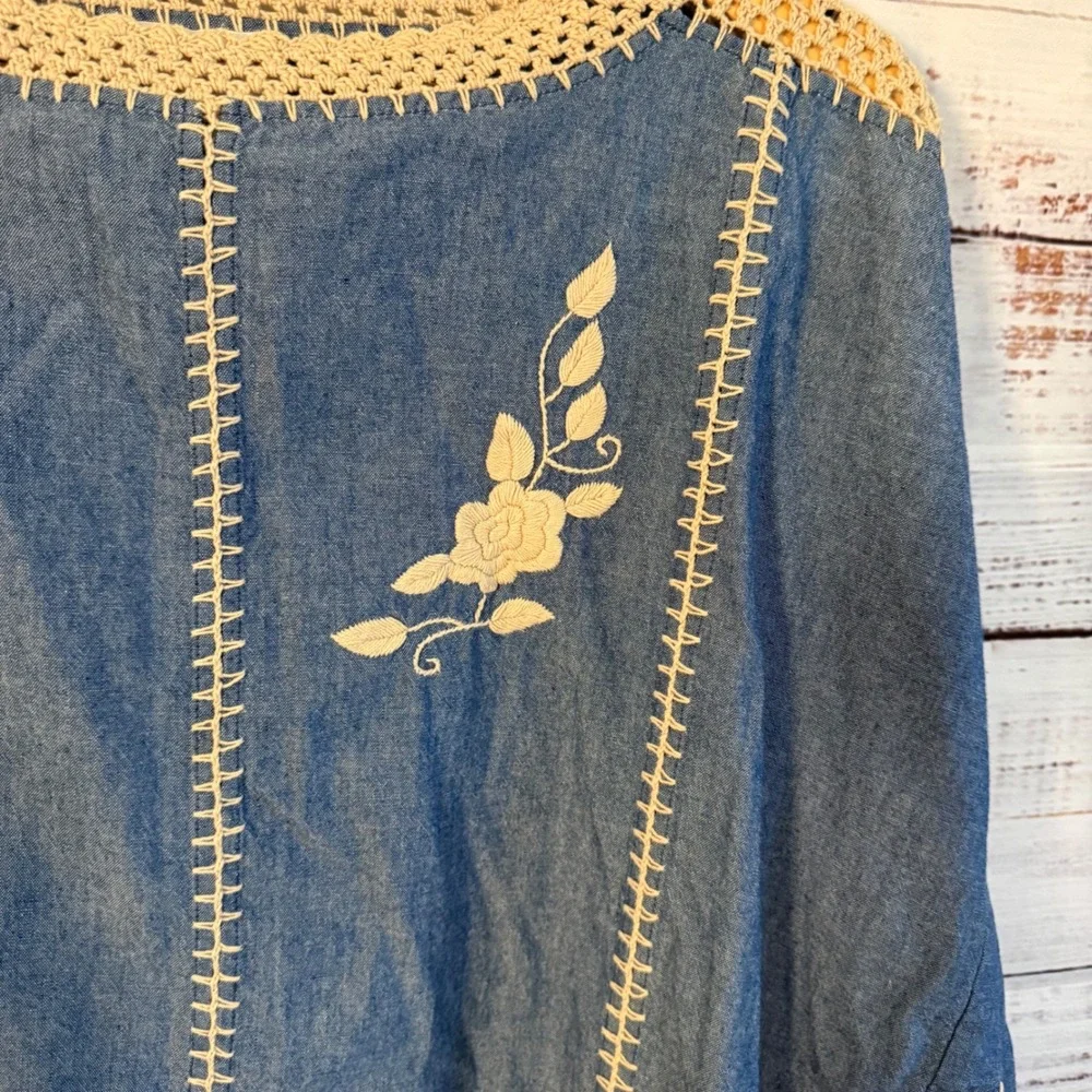 Womens Boho 2 Piece Set Blue Crochet Fringe Embroidered Pants Top Western L XL